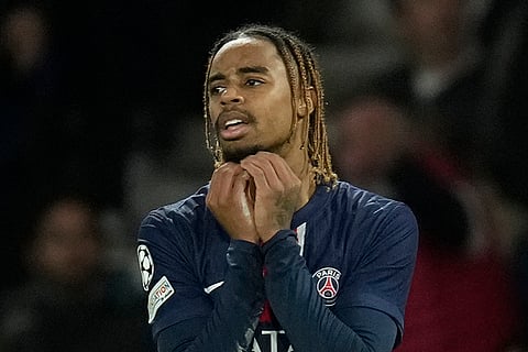 Champions League 2024-25: PSG's Bradley Barcola reacts during the match against PSV Eindhoven