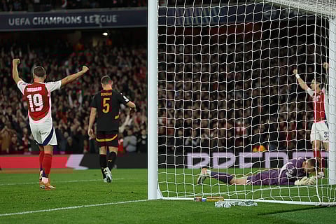 Champions League 2024-25: Shakhtar's goalkeeper Dmytro Riznyk reacts after scores an own goal