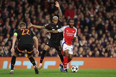 Champions League 2024-25: Arsenal's Raheem Sterling, right, duels for the ball with Shakhtar's Pedro Henrique
