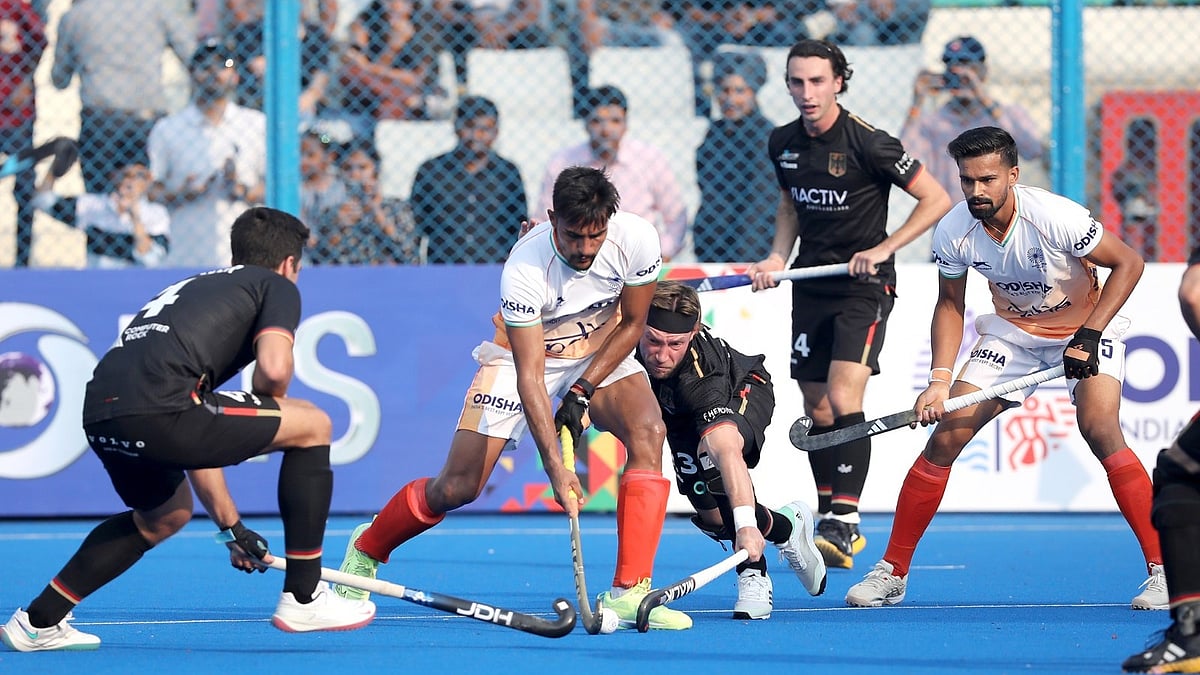 Photo: Special Arrangement : Action from the first hockey Test between India and Germany in New Delhi. 