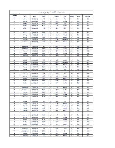 I-League 2024-25 Fixtures