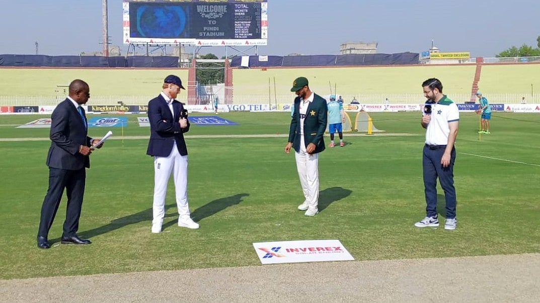 X/Pakistan Cricket : Captains Ben Stokes and Shan Masood at the toss for the third Pakistan vs England Test in Rawalpindi.