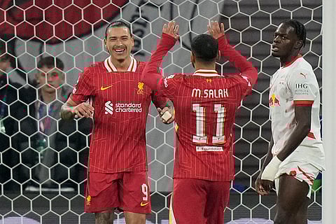 Champions League 2024-25: Liverpool's Darwin Nunez, left, celebrates with Mohamed Salah after scoring the opening goal