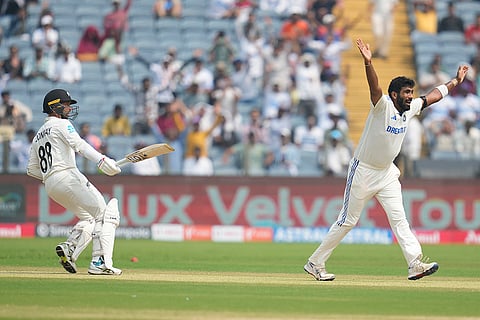 India Vs New Zealand 2nd Test: India's Jasprit Bumrah, right, appeals unsuccessfully for the wicket of New Zealand's Devon Conway