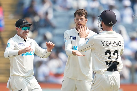 India Vs New Zealand 2nd Test: New Zealand's Mitchell Santner celebrates the dismissal of India's Ravichandran Ashwin