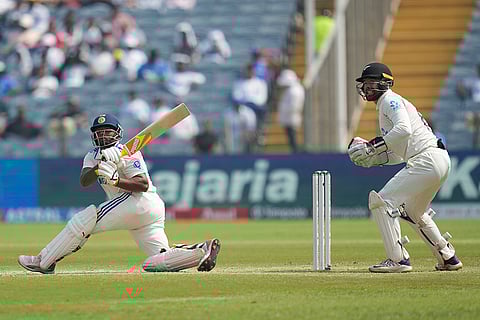 India Vs New Zealand 2nd Test: India's Sarfaraz Khan plays a shot during the day two