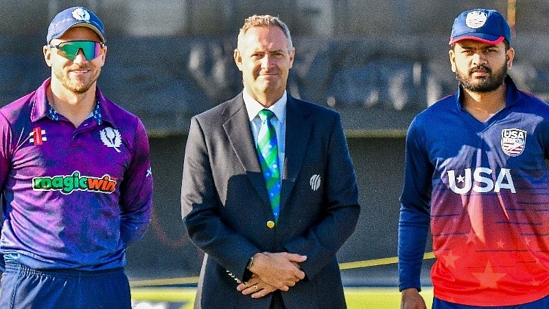 ICC : Captains Richie Berrington (left) and Monank Patel (right) at the toss for the United States vs Scotland, ICC Men's Cricket World Cup League Two match in Dallas.