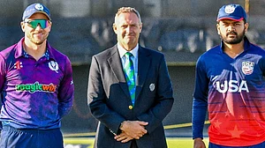 ICC : Captains Richie Berrington (left) and Monank Patel (right) at the toss for the United States vs Scotland, ICC Men's Cricket World Cup League Two match in Dallas.