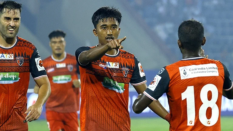 Parthib Gogoi (11) after scoring his second goal of the match. - NorthEast United FC