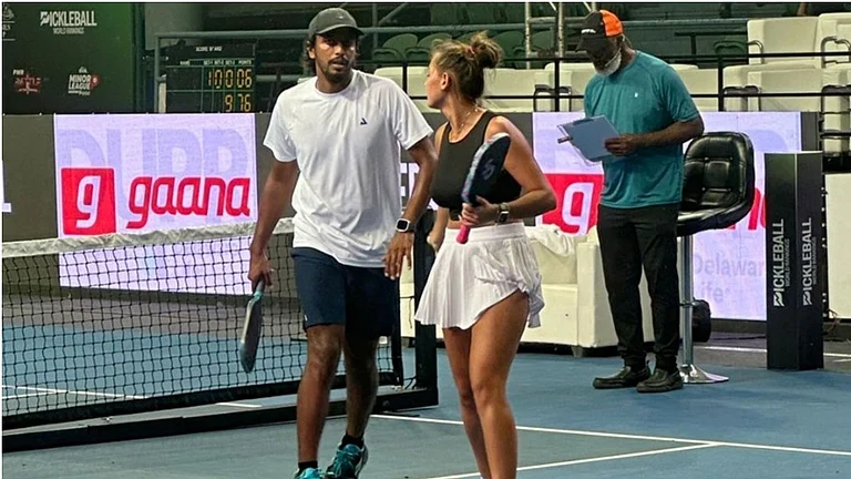 Armaan Bhatia and Roos van Reek in action on centre court in the quarter-finals of PWR DUPR India Masters Pickleball Championship. - Special Arrangement