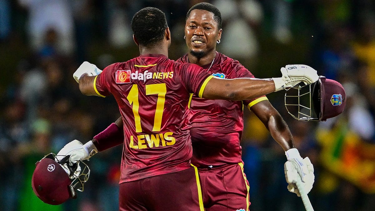 Sherfane Rutherford and Evin Lewis after the West Indies win