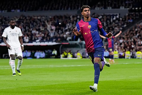 La Liga 2024-25: Barcelona's Lamine Yamal celebrates after scoring his side's third goal