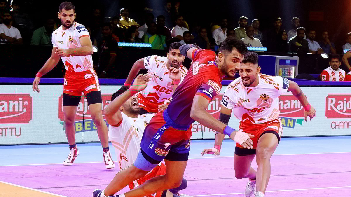 Action from the Pro Kabaddi League 11 match between UP Yoddhas and Gujarat Giants in Hyderabad. - Special Arrangement