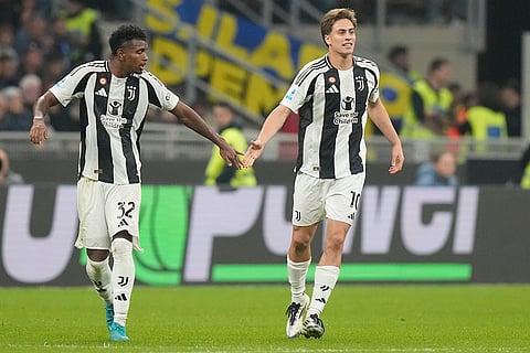 Serie A 2024-25: Juventus' Kenan Yildiz, right, celebrates after scoring his side's third goal