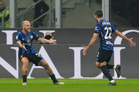 Serie A 2024-25: Inter Milan's Henrikh Mkhitaryan, right, celebrates after scoring his side's second goal