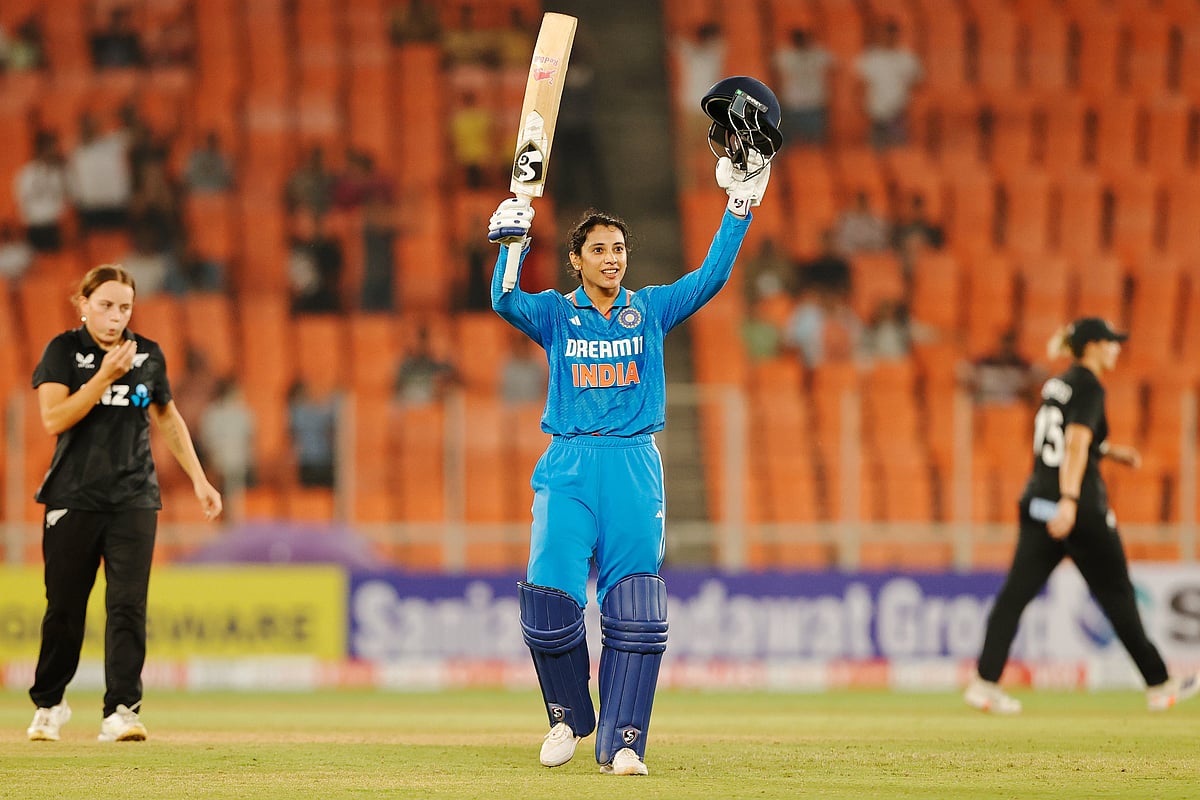 X | BCCI Women  : Smriti Mandhana celebrates her century in India women vs New Zealand women 3rd ODI match.