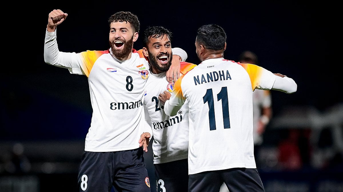 X/East Bengal FC : Souvik Chakrabarti (centre) celebrates his goal with teammates during the East Bengal vs Bashundhara Kings, AFC Challenge League match in Thimphu.