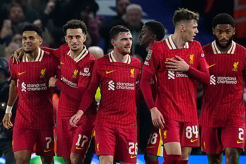 EFL Cup Quarter-Finals: Liverpool's Luis Diaz, left, celebrates with his teammates after scoring the third goal against Brighton