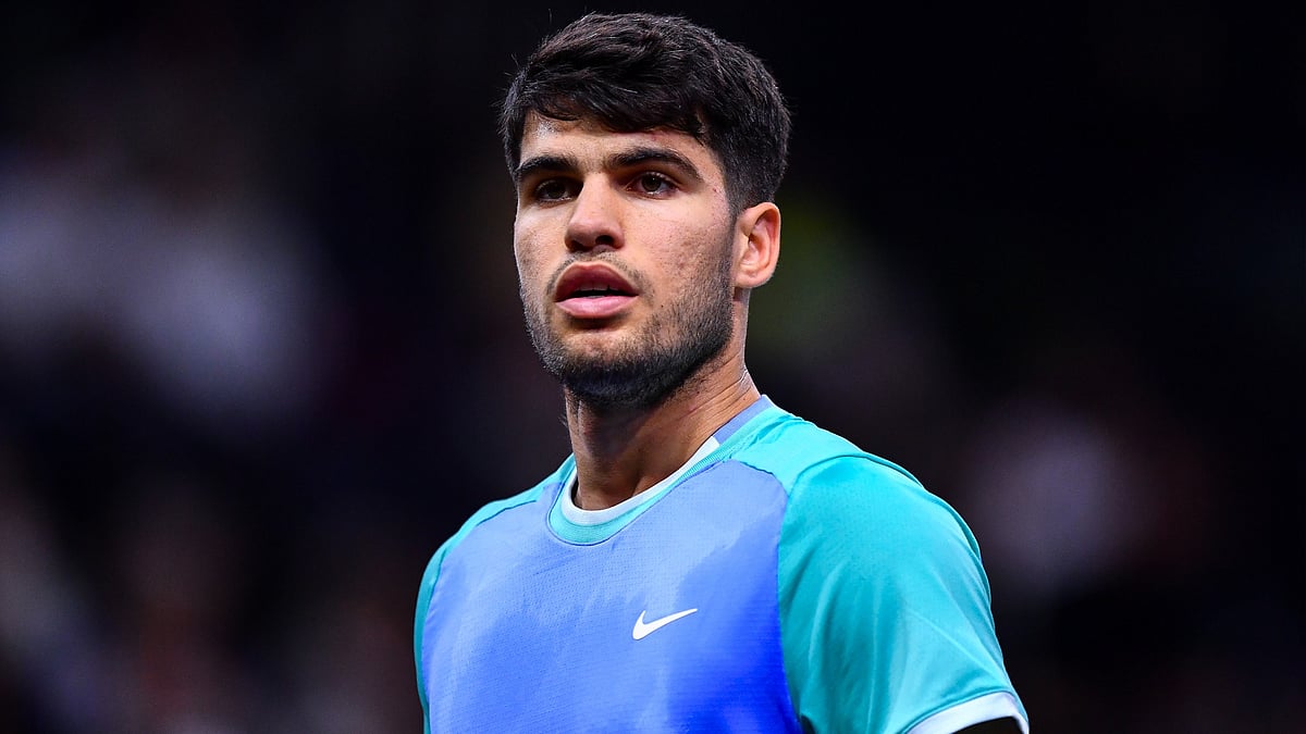 Carlos Alcaraz of Spain in action at Paris Masters