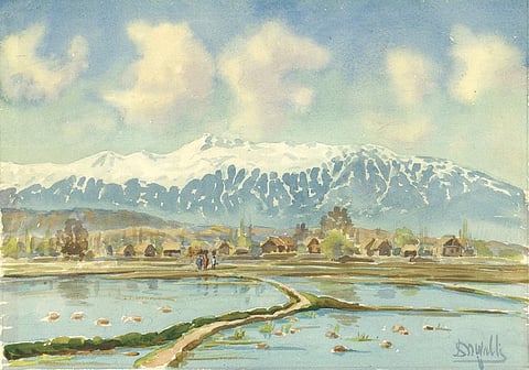A watercolor by the legendry Kashmiri artist, Late Dina Nath Wali, depicting a typical country scene in spring.