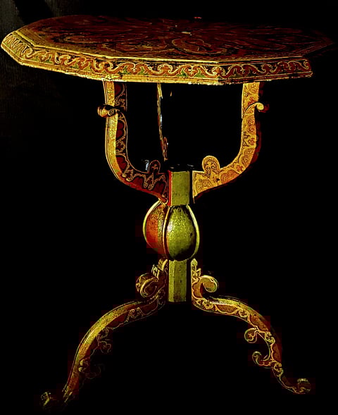 Kashmiri papier Mache from the mid 1800s. The tripod side table displays a highly intricate badam (Paisley) pattern on the top and very intricate classic Kashmiri patterns on the legs. The patterns are 22 carat gold leaf and natural pigments.