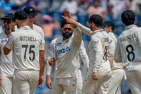 India vs New Zealand 3rd Test: New Zealand's Aijaz Patel celebrates after the dismissal of India's Sarfaraz Khan