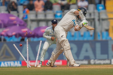 India vs New Zealand 3rd Test: New Zealand's captain Tom Latham is bowled out by India's Akash Deep