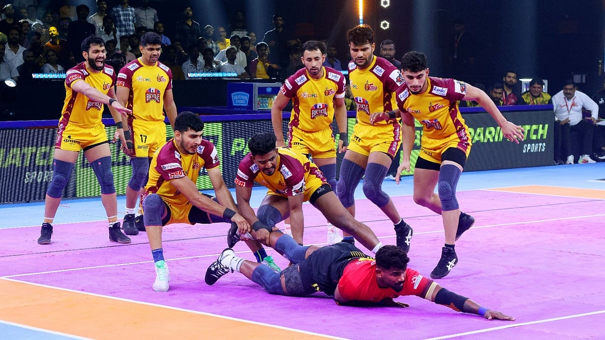 Special Arrangement : Action from the Pro Kabaddi League season 11 match between Telugu Titans and Bengaluru Bulls.