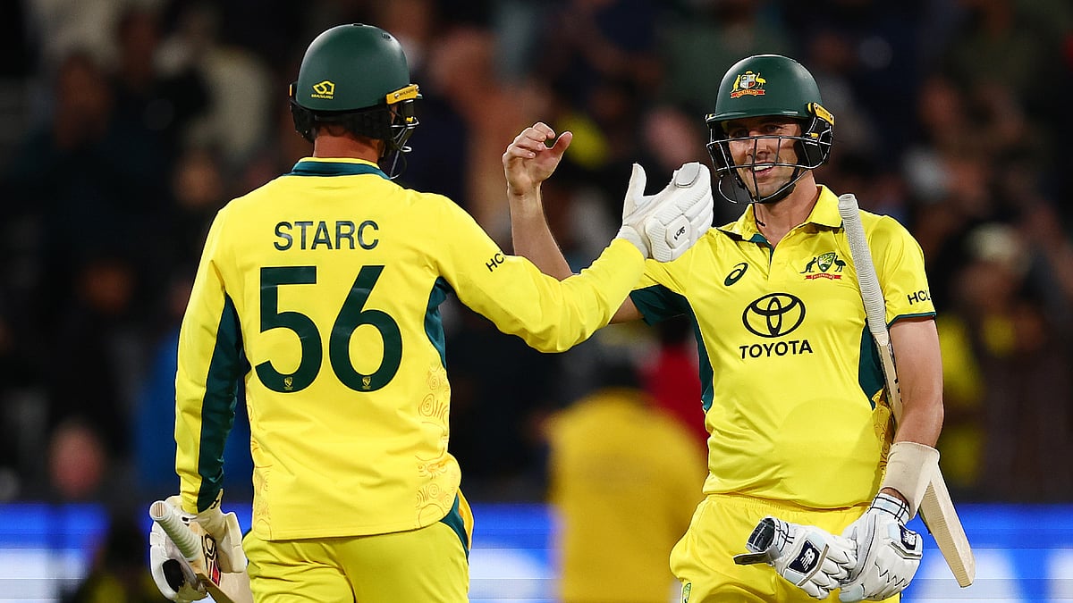 Pat Cummins and Mitchell Starc celebrate Australia's victory