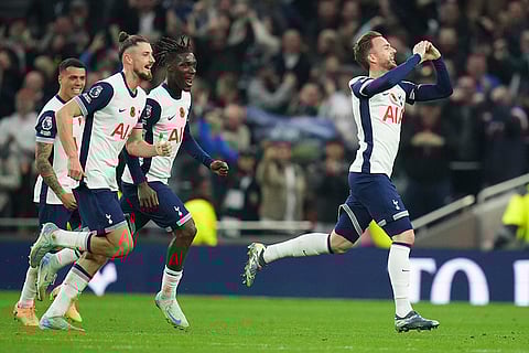 EPL 2024-25: Tottenham's James Maddison, right, celebrates with teammates after scoring a goal