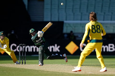 Australia Vs Pakistan, 1st ODI: Pakistan's Naseem Shah, center, hits a 6 off Australia's Adam Zampa