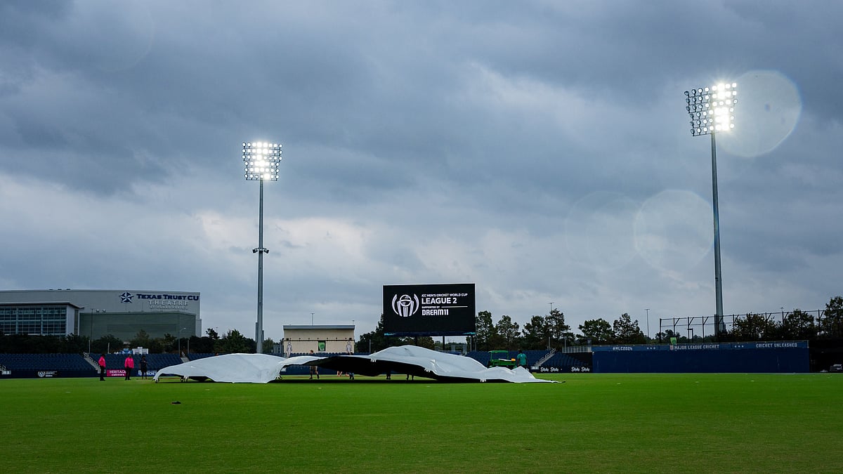 Covers being brought on during the Nepal vs Scotland, ICC Cricket World Cup League Two match in Dallas.  - X/CricketNep