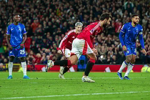 EPL 2024-25: Manchester United's Bruno Fernandes, centre, celebrates after scoring his side's opening goal