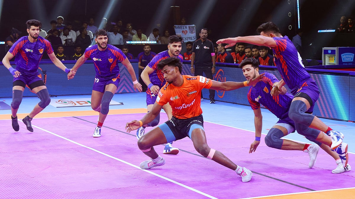 Special Arrangement : Action from the Pro Kabaddi League season 11 game between U Mumba and Dabang Delhi.