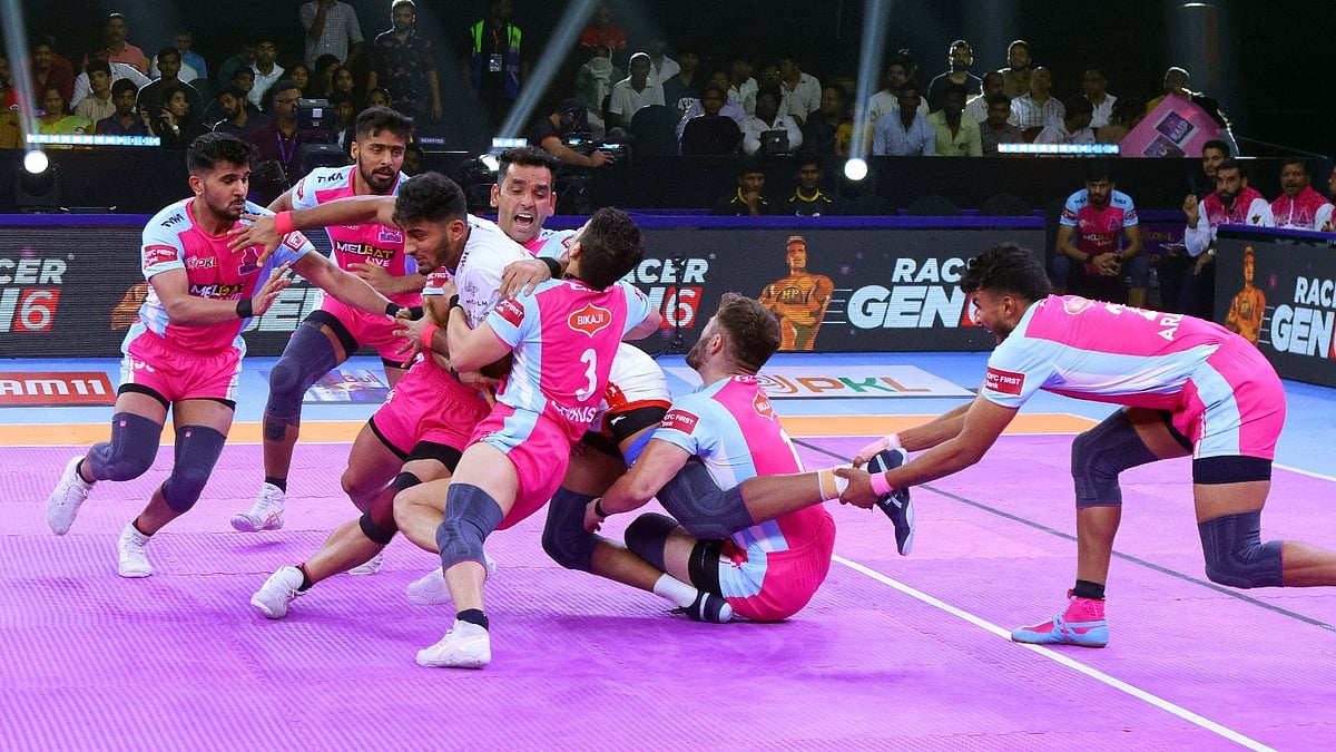 Special Arrangement : Action from the Pro Kabaddi League season 11 game between Jaipur Pink Panthers and UP Yoddhas.
