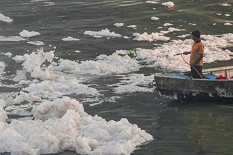 Defoaming in Yamuna river amid Chhath festival