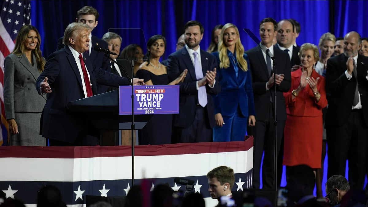 Republican presidential nominee former President Donald Trump speaks at an election night watch party, Wednesday, Nov. 6, 2024, in West Palm Beach, Fla. - AP