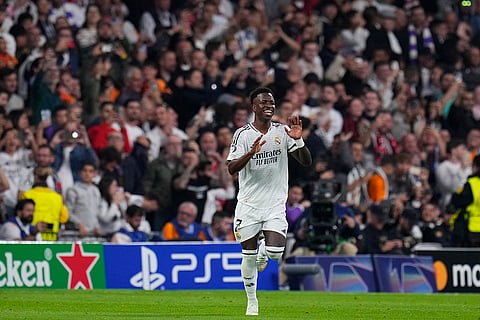 Champions League 2024-25: Real Madrid's Vinicius Junior celebrates after scoring his side's first goal