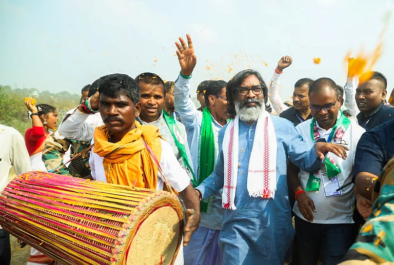 Jharkhand Chief Minister Hemant Soren at a JMM rally  - -