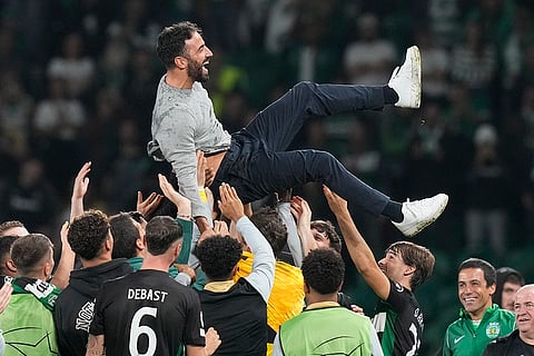 Champions League 2024-25: Sporting players toss coach Ruben Amorim into the air