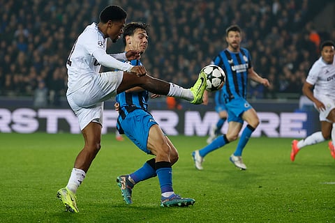 UEFA Champions League: Aston Villa's Leon Bailey, foreground, takes a shot as Brugge's Ardon Jashari defends