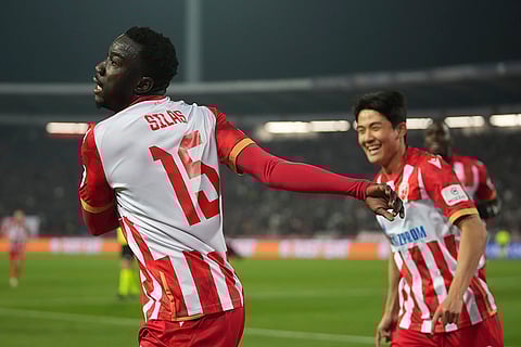 UEFA Champions League: Red Star's Silas celebrates after scoring against Barcelona