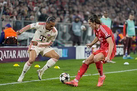 UEFA Champions League: Benfica's Alvaro Carreras vies for the ball with Bayern's Leroy Sane