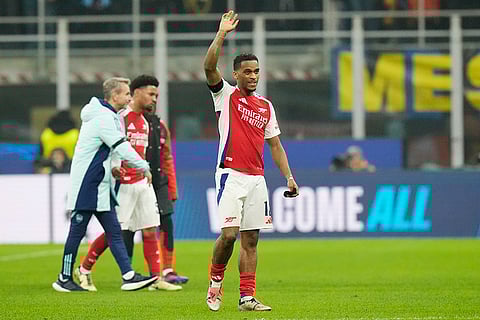 UEFA Champions League: Arsenal's Jurrien Timber waves his fans at the end of the match against Inter Milan