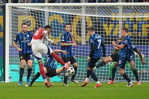 UEFA Champions League: Arsenal's Gabriel, second from left, attempts a goal