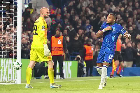 Europa Conference League: Chelsea's Christopher Nkunku reacts after scoring from a penalty to score his side's eighth goal