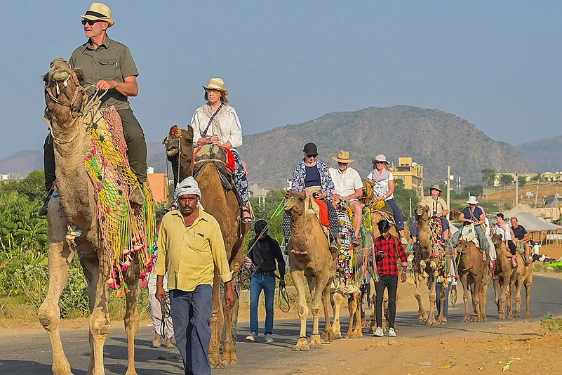Foreign tourists take camel rides Annual Pushkar fair 2024 in Rajasthan
