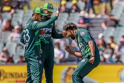 Australia vs Pakistan 2nd ODI: Pakistan's Haris Rauf, right, celebrates after the dismissal of Australia's Marnus Labuschagne