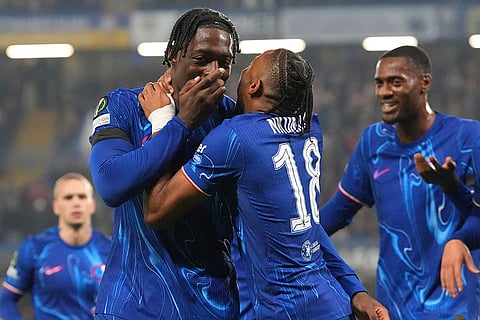 Europa Conference League: Chelsea's Axel Disasi, left, celebrates with Christopher Nkunku after scoring his side's third goal