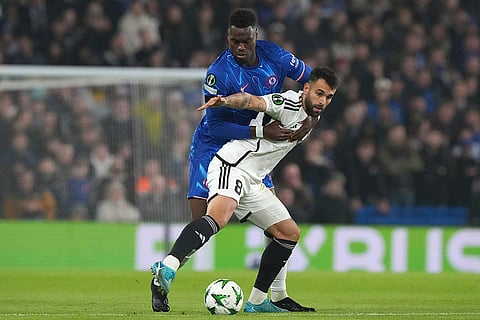 Europa Conference League: Chelsea's Benoit Badiashile, left, vies for the ball with Noah's Goncalo Gregorio